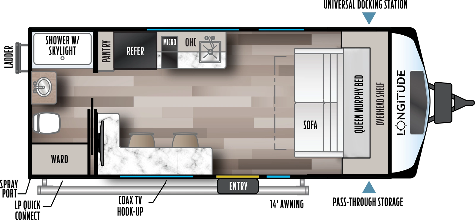 The Longitude 160MRBLE floorplan has one entry and zero slide outs. Exterior features include: fiberglass exterior and 14' awning. Interiors features include: murphy bed and rear bathroom.